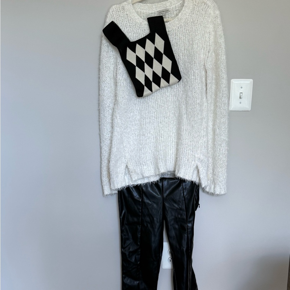 4 item set: Calvin Klein White Fuzzy Sweater, ASOS Faux Leather Pants, J&B Pants